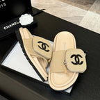 CHANEL SLIDE IN LIGHT YELLOW DENIM FABRIC 45 MM