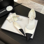 CHANEL BLOCK HEEL SLINGBACKS IN WHITE MIX BLACK SILK FABRIC