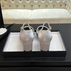 CHANEL BLOCK HEEL SLINGBACKS IN SILVER MIX BLACK SILK FABRIC