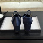 CHANEL BLOCK HEEL SLINGBACKS IN NAVY BLUE MIX BLACK SILK FABRIC