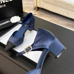 CHANEL BLOCK HEEL SLINGBACKS IN NAVY BLUE MIX BLACK SILK FABRIC
