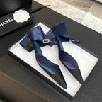 CHANEL BLOCK HEEL SLINGBACKS IN NAVY BLUE MIX BLACK SILK FABRIC