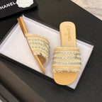 CHANEL FLAT SANDALS BEIGE MIX LIGHT ORANGE WITH CRYSTALS