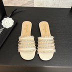 CHANEL FLAT SANDALS BEIGE AND WHITE WITH CRYSTALS
