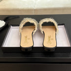 CHANEL FLAT SANDALS BEIGE AND BLACK WITH CRYSTALS