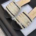 CHANEL FLAT SANDALS BEIGE AND BLACK WITH CRYSTALS