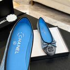 CHANEL BALLET FLATS IN LIGHT BLUE MIX BLACK MONOGRAM DENIM