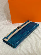 HERMES KELLY CUT 31 IN CLASSIC BLUE SHINNY ALLIGATOR LEATHER WITH SILVER HARDWARE