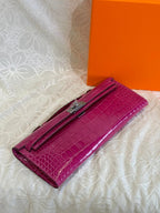 HERMES KELLY CUT 31 IN MAGENTA PURPLE SHINNY ALLIGATOR LEATHER WITH SILVER HARDWARE