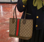 GUCCI OPHIDIA SMALL 25 TOTE IN BEIGE AND EBONY CANVAS