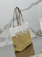 PRADA SMALL TOTE BAG 27 IN WHITE MIX BEIGE RAFFIA AND BROWN CALFSKIN HANDLE