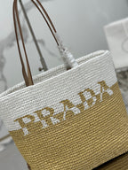 PRADA SMALL TOTE BAG 27 IN WHITE MIX BEIGE RAFFIA AND BROWN CALFSKIN HANDLE