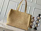 LOUIS VUITTON ONTHEGO MM 37 IN BEIGE WOVEN RAFFIA WITH LEATHER DETAILING