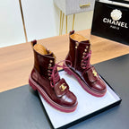 CHANEL 25S HIGH ANKLE BOOTS WITH ZIPPER IN BURGUNDY BROWN CALFSKIN GOLD HARDWARE