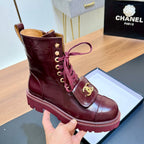CHANEL 25S HIGH ANKLE BOOTS WITH ZIPPER IN BURGUNDY BROWN CALFSKIN GOLD HARDWARE
