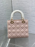 DIOR MEDIUM LADY BAG 20 IN BABY PINK QUILTED MACROCANNAGE CALFSKIN WHITE STRAP