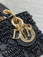DIOR MINI LADY BAG 16 IN BLACK SATIN AND CALFSKIN WITH BEADED DESIGN