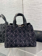 DIOR MEDIUM 28 TOUJOURS BAG IN BLACK MIX WHITE CANNAGE TWEED WITH GOLD HARDWARE