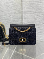 DIOR SMALL 22 JOLIE TOP HANDLE BAG IN BLACK MIX WHITE CANNAGE TWEED