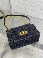 DIOR SMALL 22 JOLIE TOP HANDLE BAG IN BLACK MIX WHITE CANNAGE TWEED