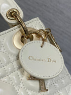 DIOR 25S MINI LADY  BAG 17 IN IVORY CALFSKIN CHARM CRYSTAL EMBELLISHMENTS