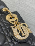 DIOR 25S MINI LADY  BAG 17 IN BLACK CALFSKIN CHARM CRYSTAL EMBELLISHMENTS