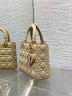 DIOR 25S LADY  BAG 20 IN SAND BEIGE CALFSKIN CHARM PEARL EMBELLISHMENTS