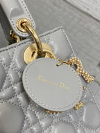 DIOR 25S LADY  BAG 20 IN DARK GRAY CALFSKIN CHARM PEARL EMBELLISHMENTS