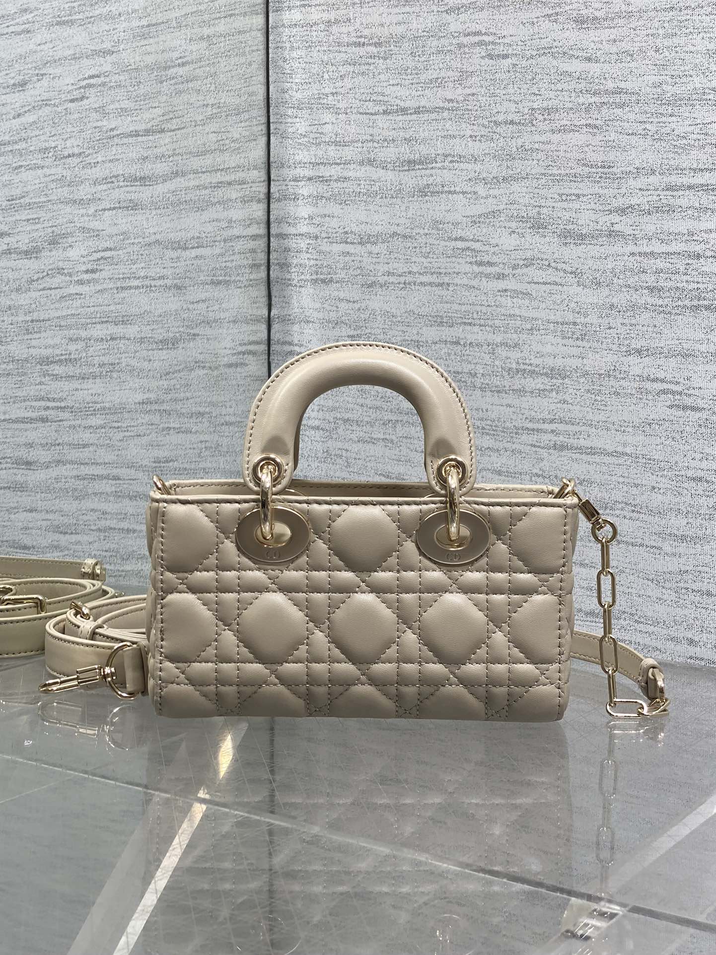 DIOR 25S MICRO LADY D-JOY 19 IN POWDER BEIGE CALFSKIN GOLD HARDWRE