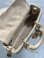 DIOR 25S MICRO LADY D-JOY 19 IN POWDER BEIGE CALFSKIN GOLD HARDWARE