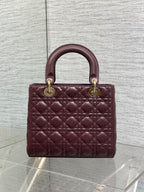 DIOR 25S MEDIUM LADY BAG 24 IN BURGUNDY CALFSKIN GOLD HARDWRE