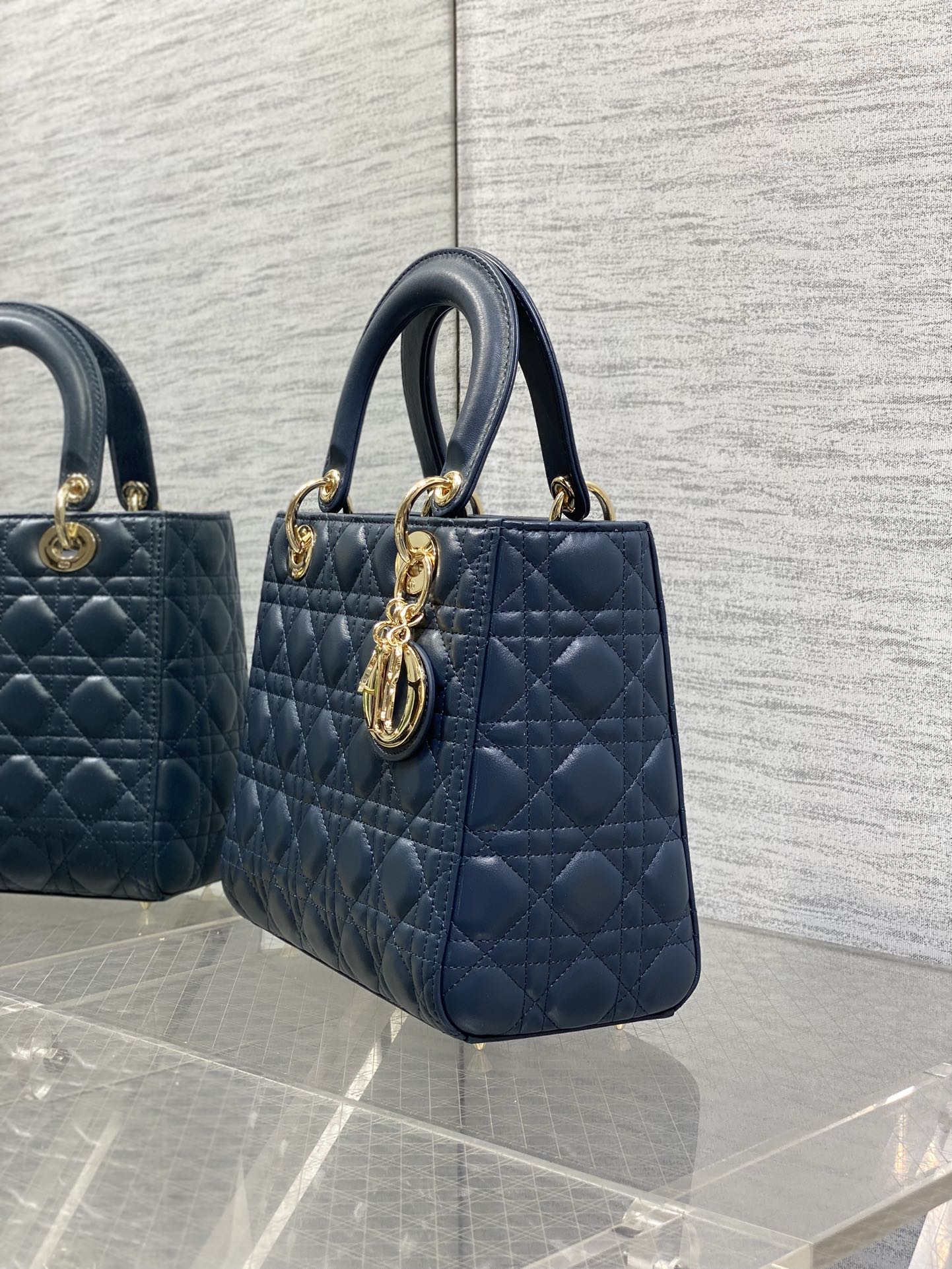 DIOR 25S MEDIUM LADY BAG 24 IN DEEP OCEAN BLUE CALFSKIN GOLD HARDWARE