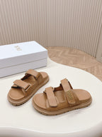 DIOR CLASSIC DOUBLE-STRAP SLIDES 25S IN LIGHT BROWN CALFSKIN