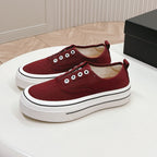 CHANEL Double C Platform Biscuit Shoes Fabric Cherry Red