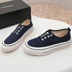 CHANEL Double C Platform Biscuit Shoes Fabric Navy Blue