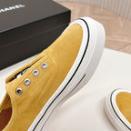 CHANEL Double C Platform Biscuit Shoes Fabric Amber Yellow