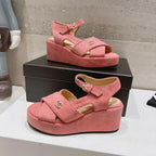 CHANEL Wedge Open-Toe High Heel Sandals Light Pink Sheepskin