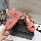 CHANEL Wedge Open-Toe High Heel Sandals Light Pink Sheepskin