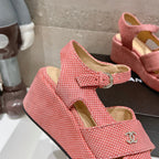 CHANEL Wedge Open-Toe High Heel Sandals Light Pink Sheepskin