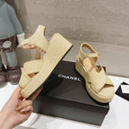 CHANEL Wedge Open-Toe High Heel Sandals Beige Cream Sheepskin