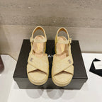 CHANEL Wedge Open-Toe High Heel Sandals Beige Cream Sheepskin