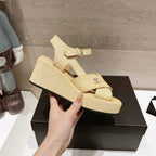 CHANEL Wedge Open-Toe High Heel Sandals Beige Cream Sheepskin