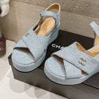CHANEL Wedge Open-Toe High Heel Sandals Saphire Blue Sheepskin
