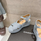 CHANEL Wedge Open-Toe High Heel Sandals Saphire Blue Sheepskin