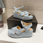 CHANEL Wedge Open-Toe High Heel Sandals Saphire Blue Sheepskin