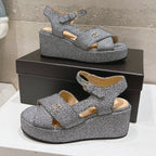 CHANEL Wedge Open-Toe High Heel Sandals Slate Gray Sheepskin