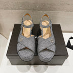 CHANEL Wedge Open-Toe High Heel Sandals Slate Gray Sheepskin