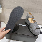 CHANEL Wedge Open-Toe High Heel Sandals Slate Gray Sheepskin