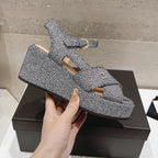 CHANEL Wedge Open-Toe High Heel Sandals Slate Gray Sheepskin