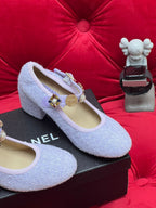 CHANEL HIGH MARY JANE SHOES LIGHT BLUE WOOL TWEED